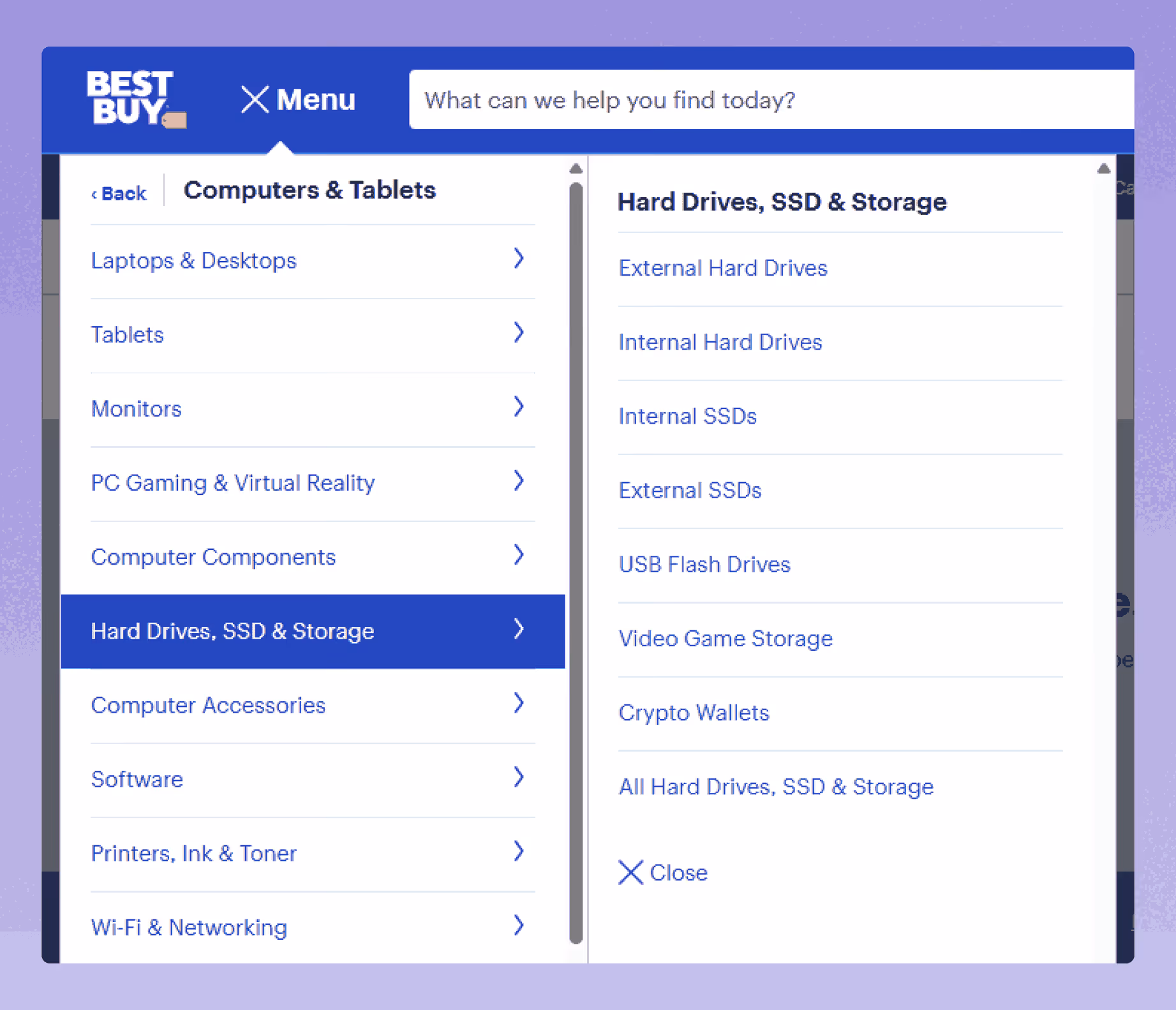 Best Buy mobile-style mega menu with vertical categories and right-side subcategory panel for hard drives and storage.
