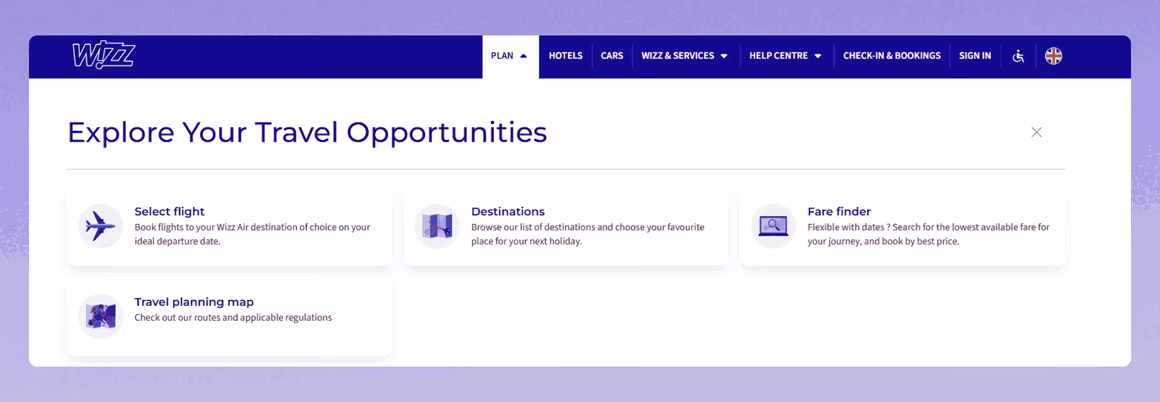Wizz Air mega menu featuring colorful icons and user action shortcuts like booking and check-in