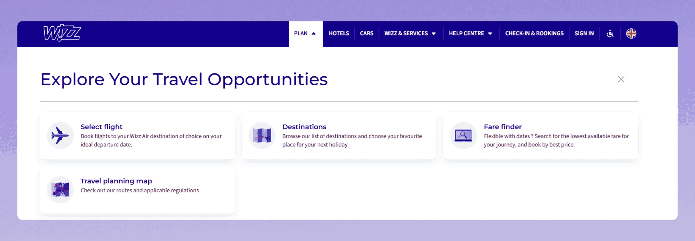 Wizz Air mega menu featuring colorful icons and user action shortcuts like booking and check-in