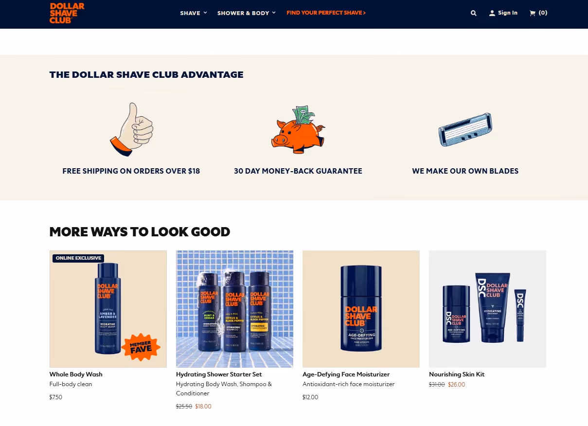 top ecommerce page examples - Dollar Shave Club