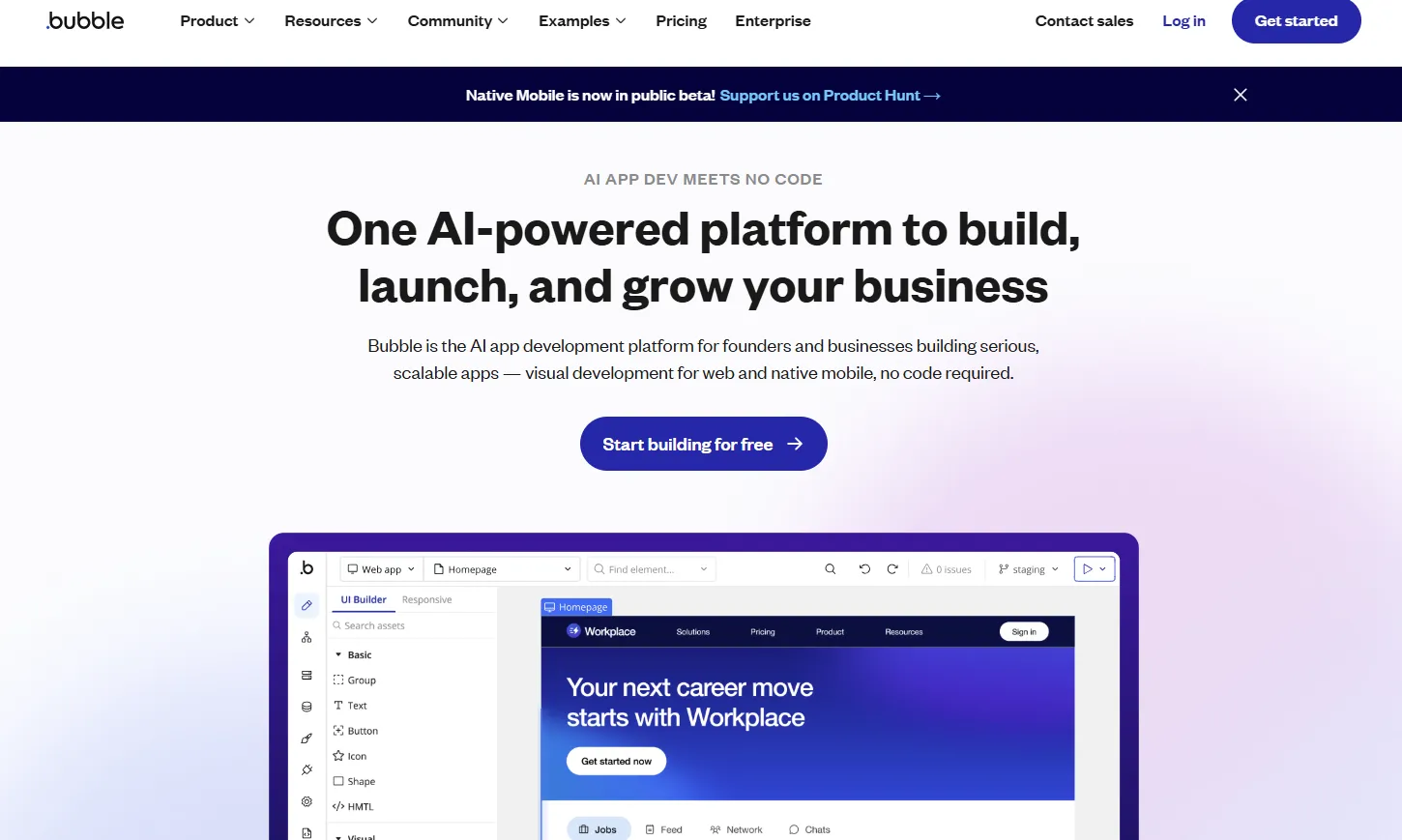 Screenshot of the Bubble website homepage