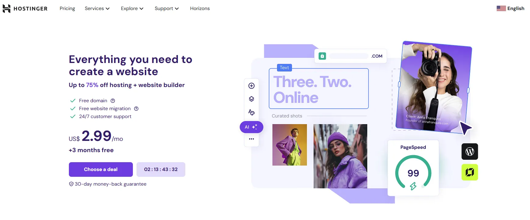 Screenshot of the Hostinger Website Builder homepage