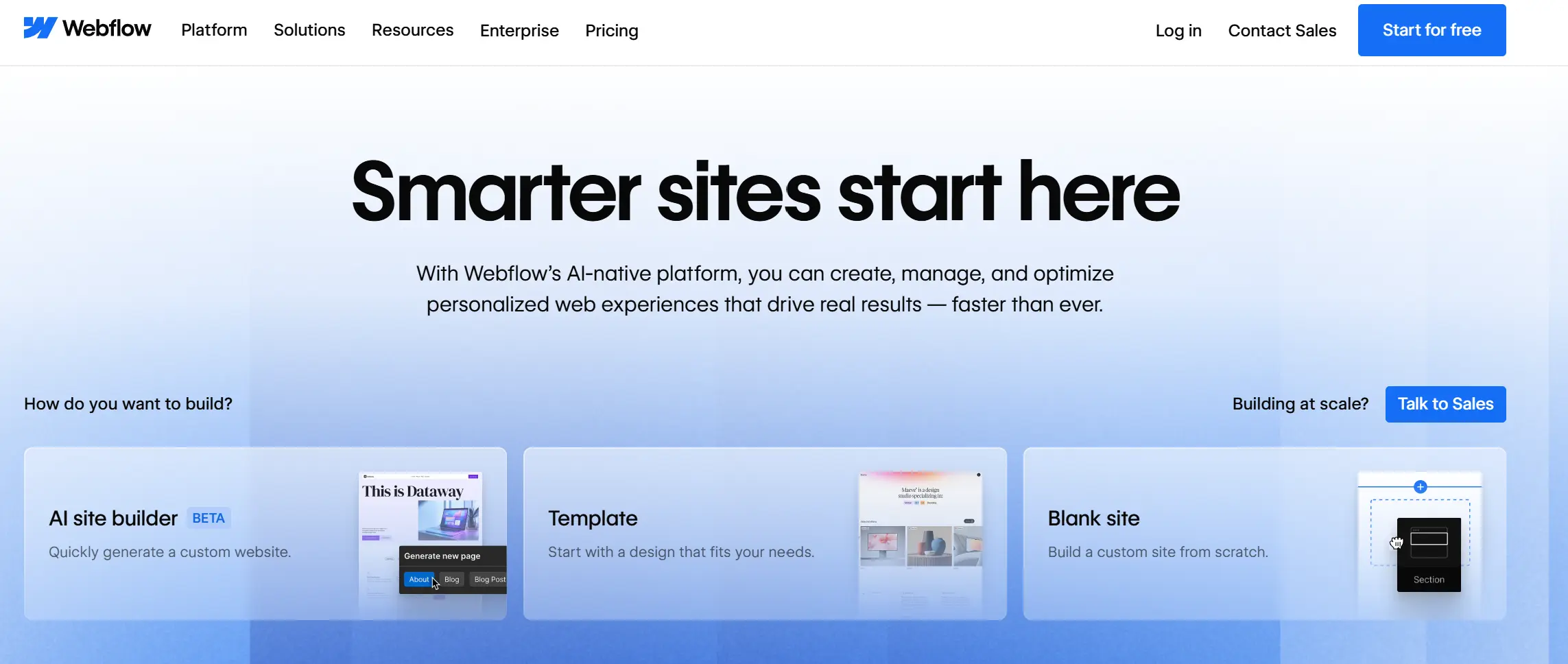 Webflow homepage showcasing its visual development platform as a leading Elementor alternative for designers and marketers.