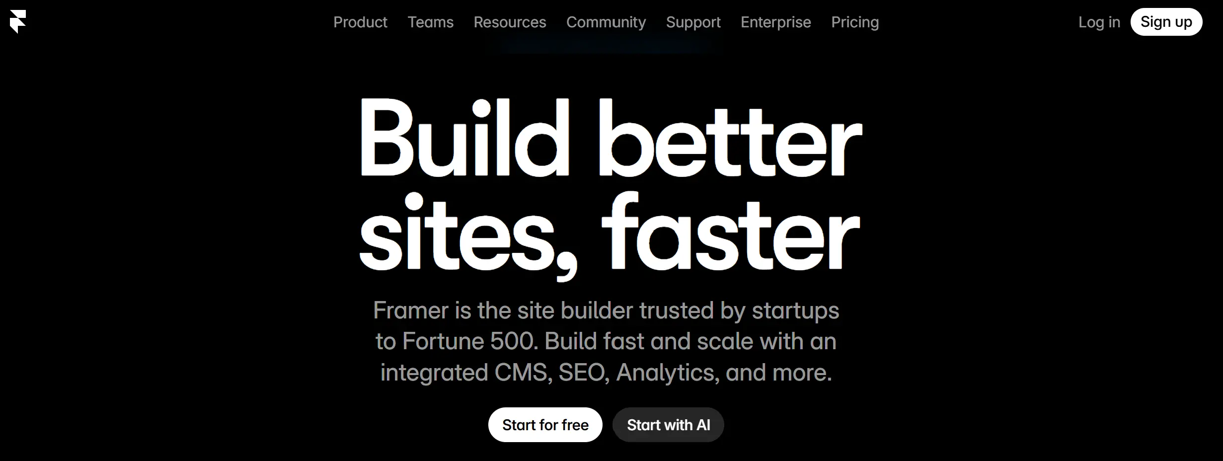 Framer homepage showing its AI-powered site builder as a fast, modern Elementor alternative.