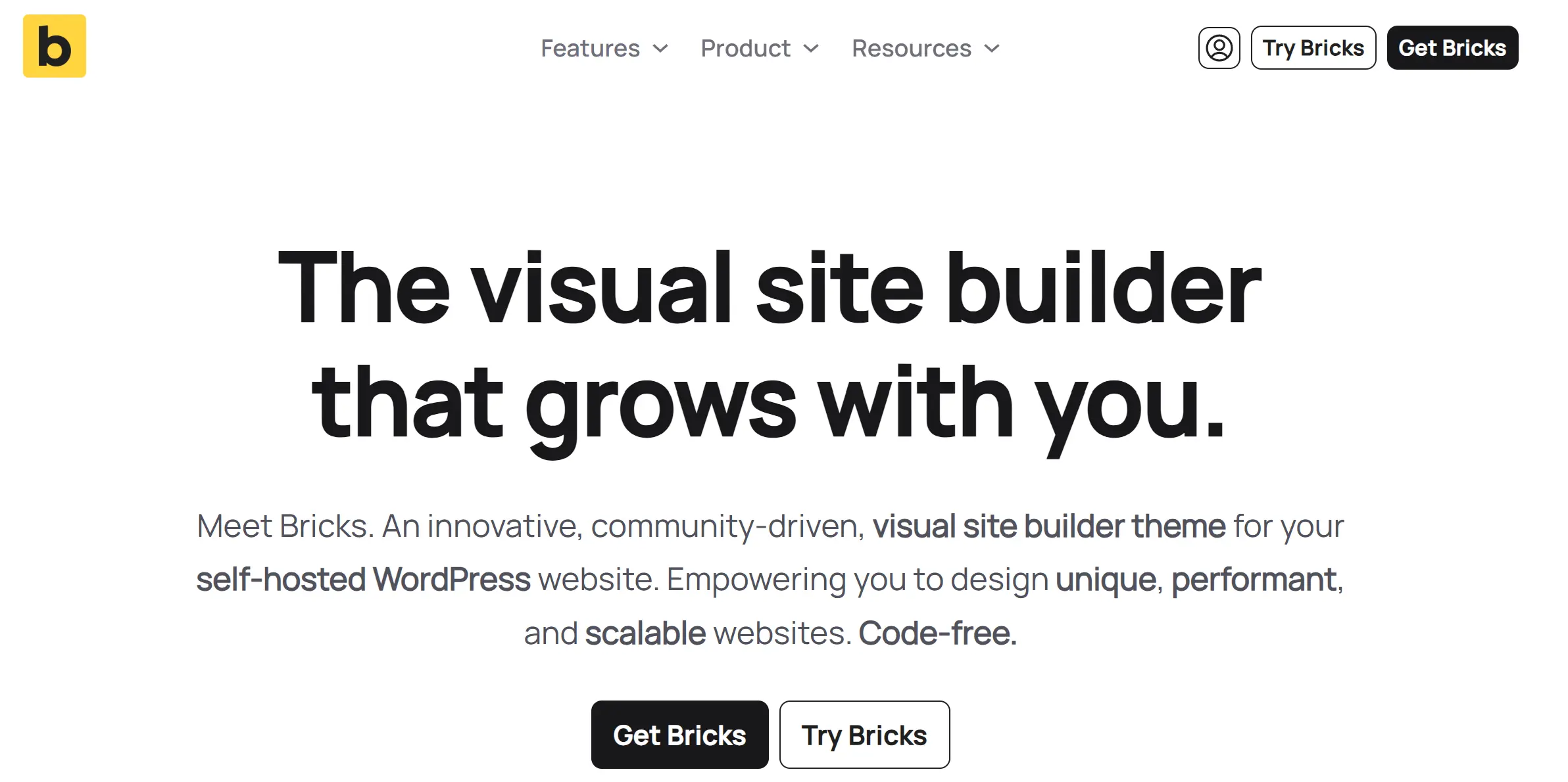 Bricks Builder homepage promoting its lightweight performance-focused builder as a developer-friendly Elementor alternative.