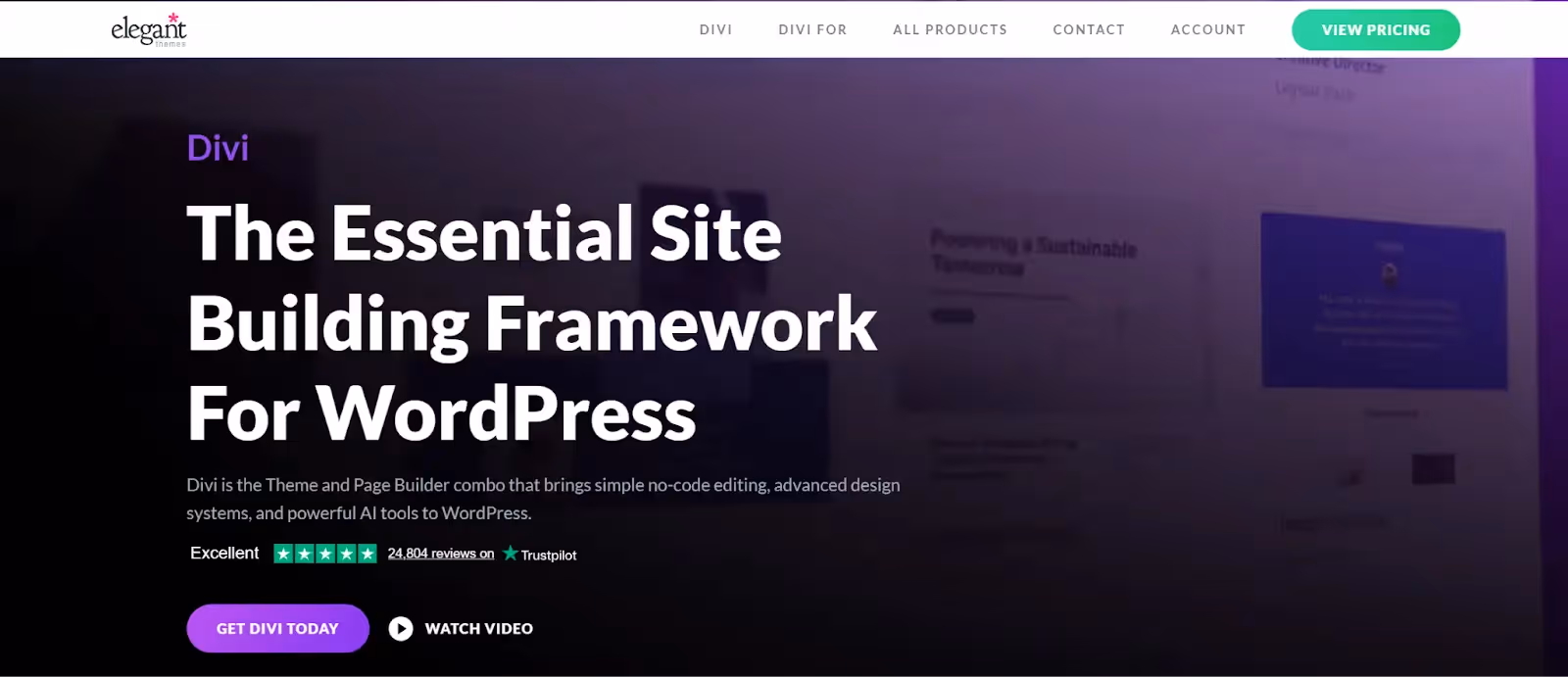 Divi Builder homepage showcasing its visual page builder and theme framework as an easy-to-use Elementor alternative.