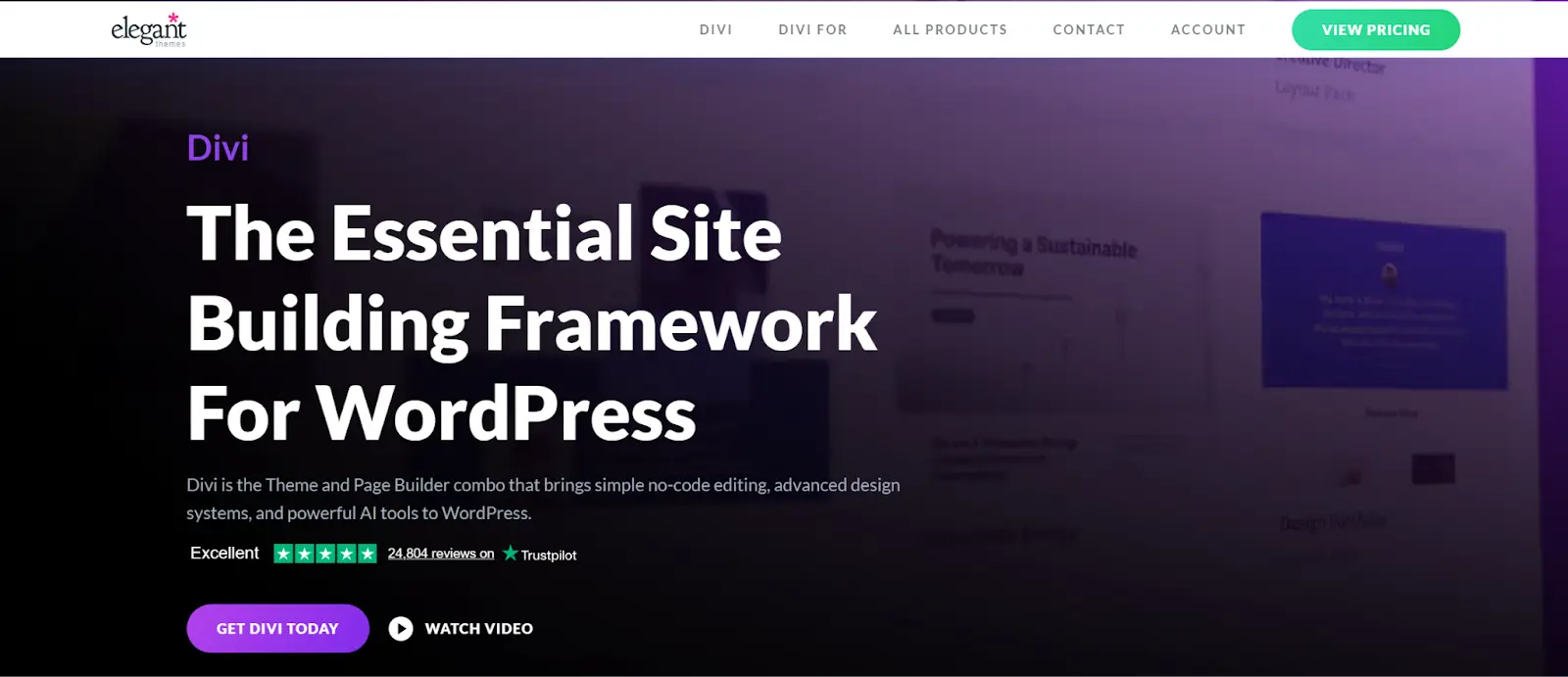 Divi Builder homepage showcasing its visual page builder and theme framework as an easy-to-use Elementor alternative.