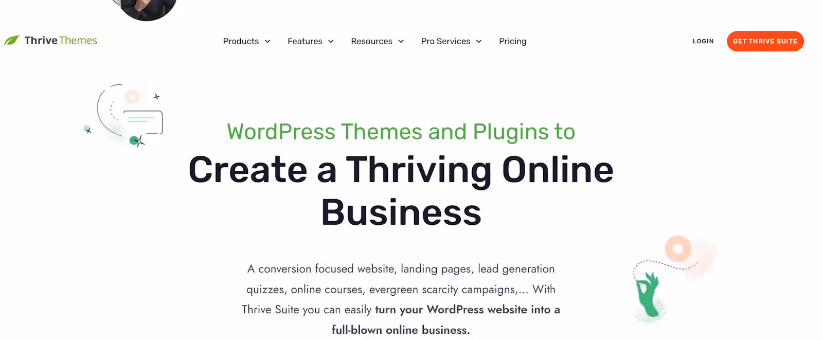 Thrive Architect homepage highlighting it's tools as a marketing-driven Elementor alternative.