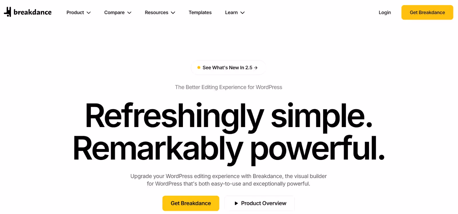 Breakdance Builder homepage presenting its modern visual builder as a streamlined Elementor alternative for WordPress users