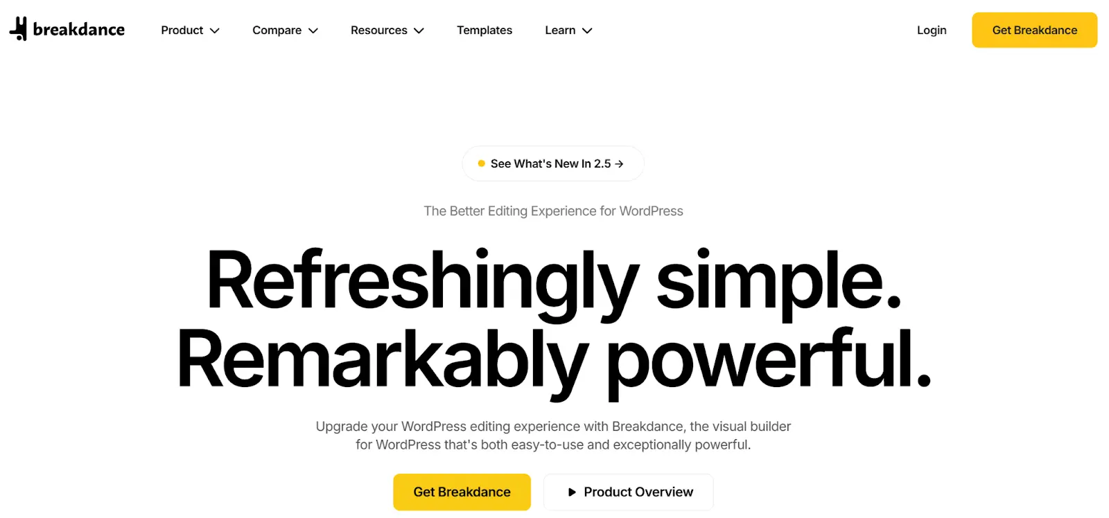 Breakdance Builder homepage presenting its modern visual builder as a streamlined Elementor alternative for WordPress users