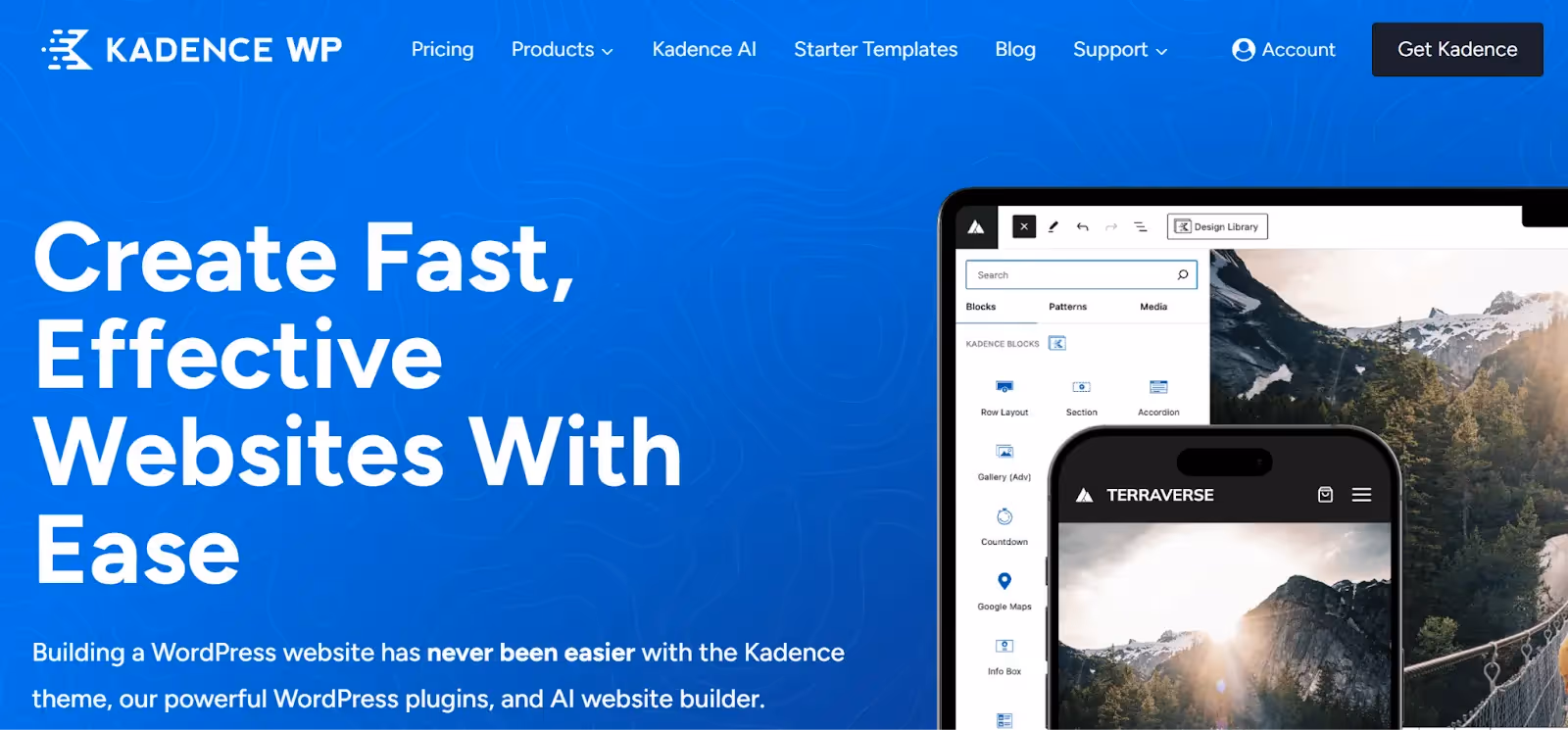 Kadence Blocks homepage showing its Gutenberg block toolkit as a lightweight Elementor alternative.