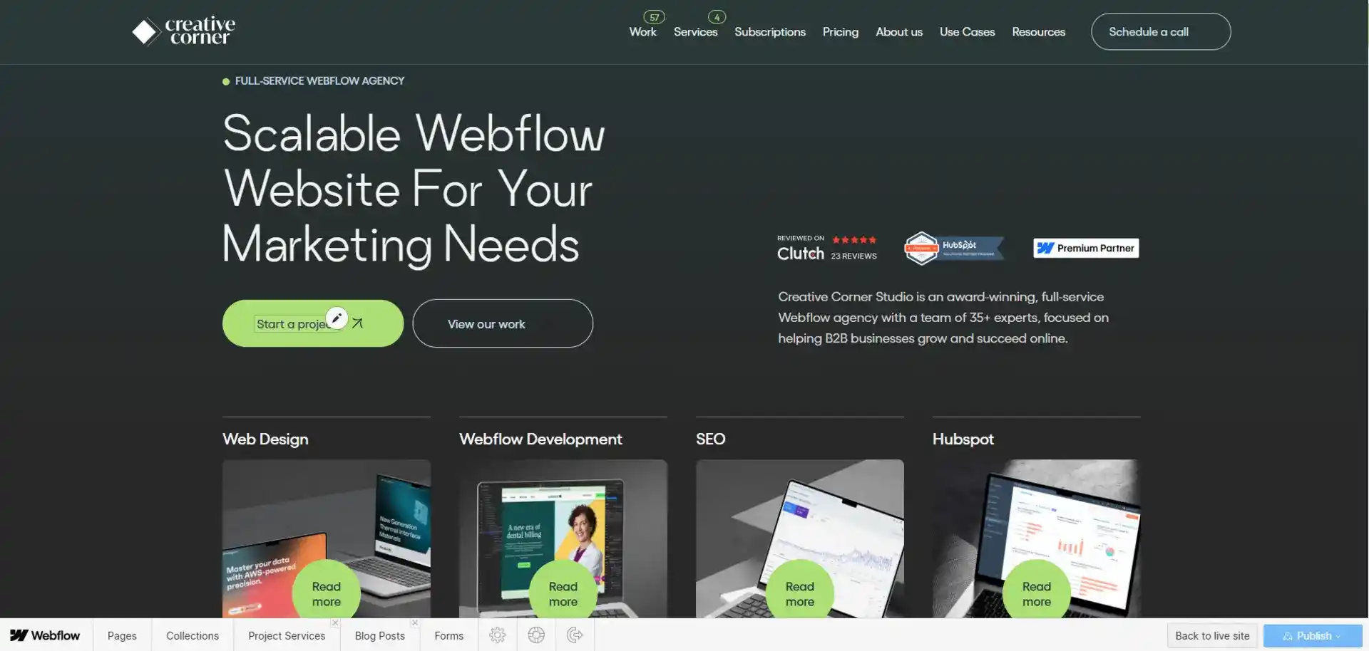 Creative Corner Studio Webflow Editor dashboard showing scalable Webflow website design, development, SEO, and HubSpot integration for marketing needs.