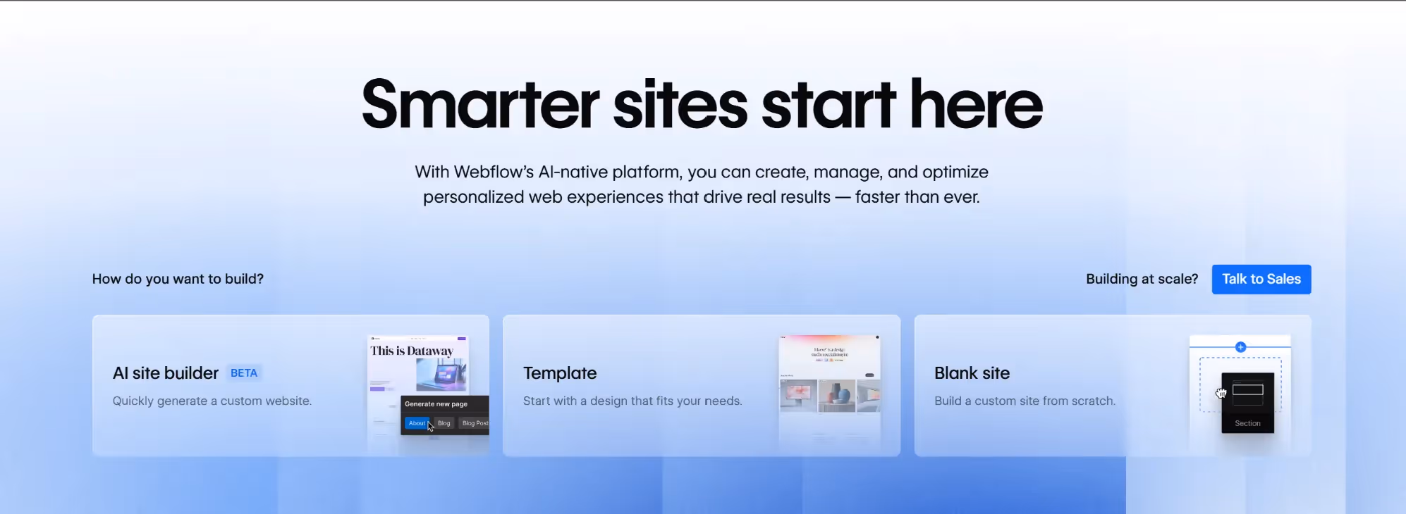Webflow homepage showcasing its visual development platform as a leading WordPress alternative for modern websites.