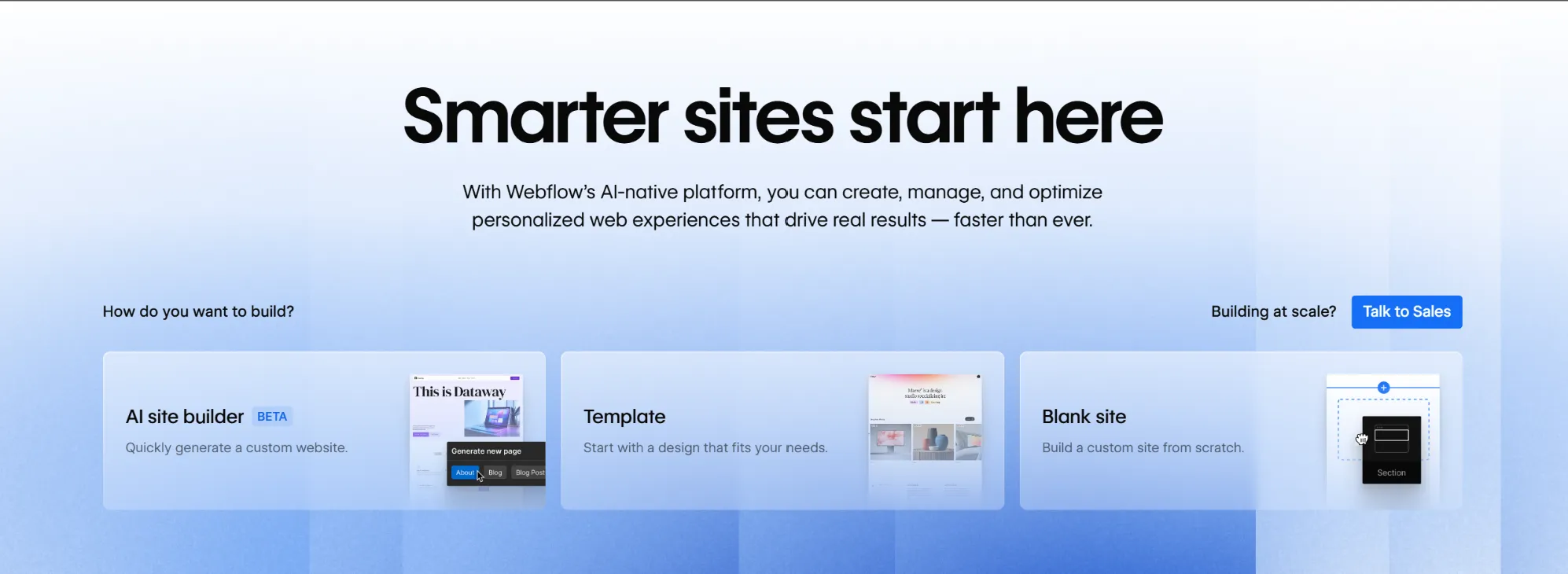 Webflow homepage showcasing its visual development platform as a leading WordPress alternative for modern websites.