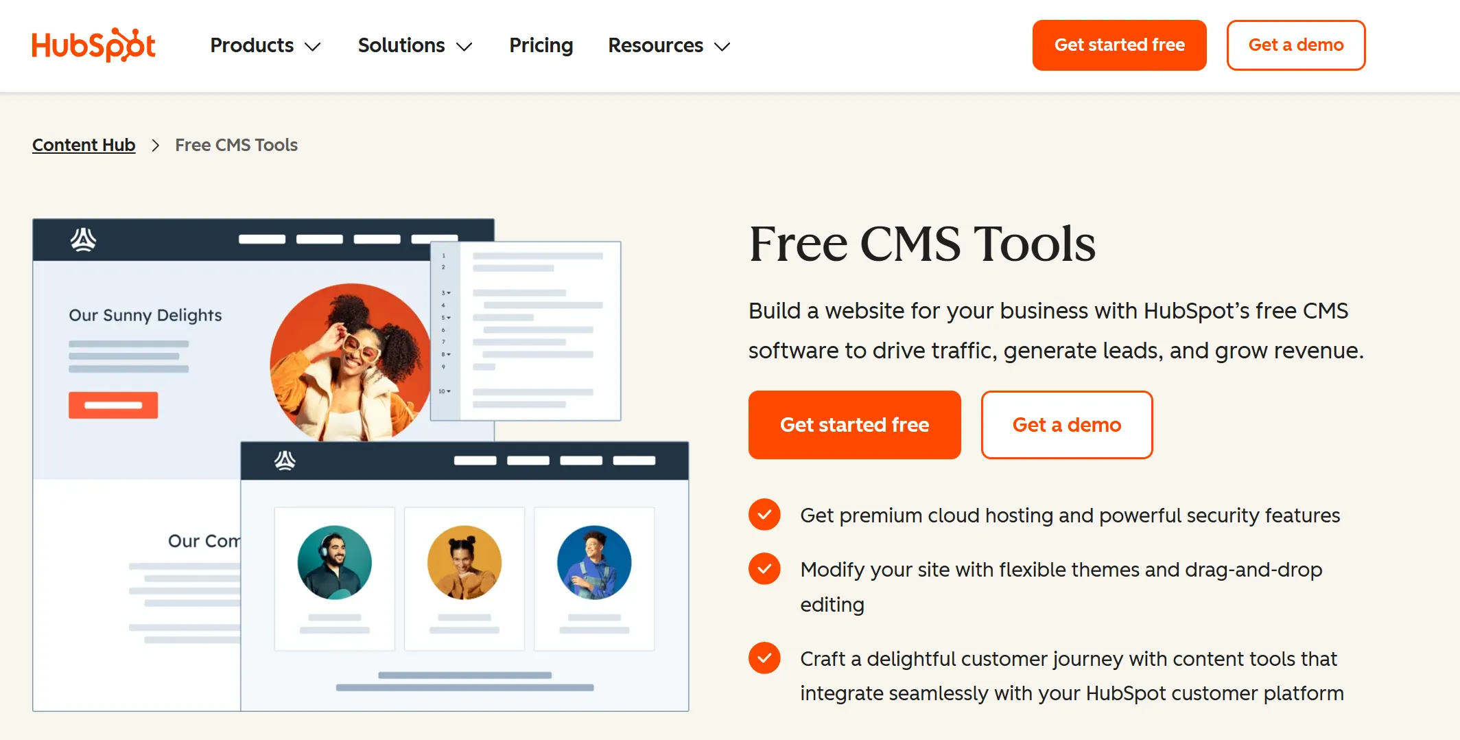 HubSpot CMS homepage featuring its CRM-powered content system as a scalable WordPress alternative for B2B teams.