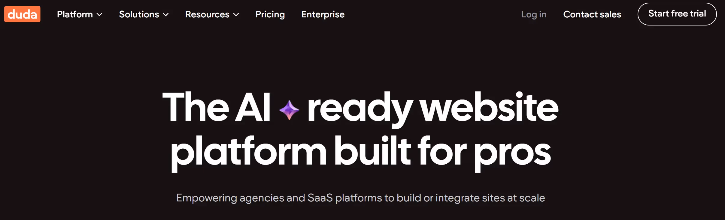 Duda homepage showcasing its agency-focused website builder as a scalable WordPress alternative.