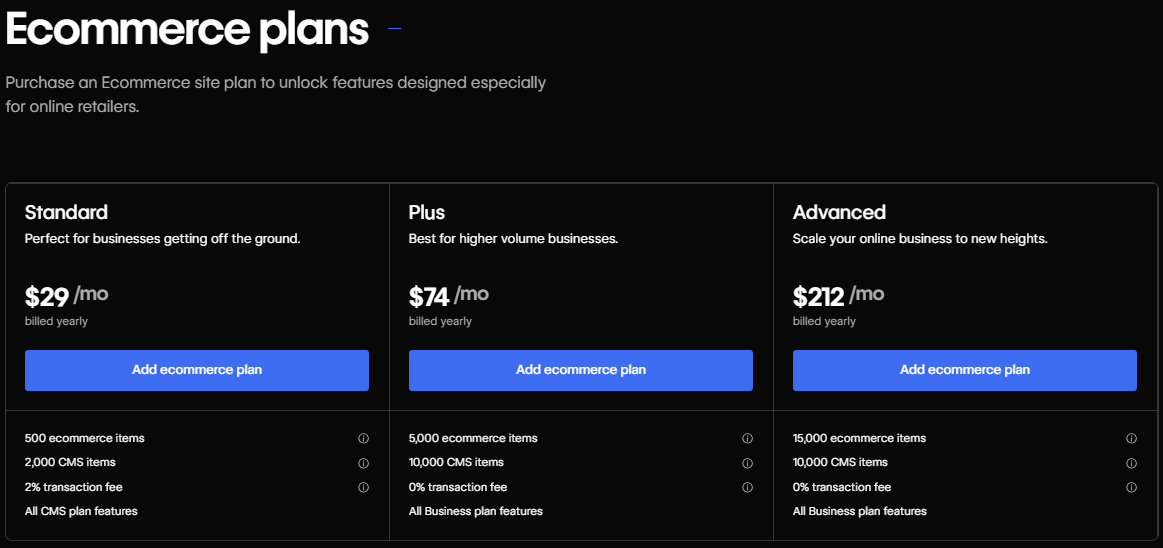 Webflow Ecommerce Pricing