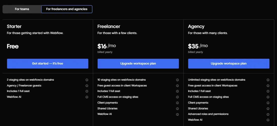 Webflow Workspace Plans for Freelancers and Agencies Pricing