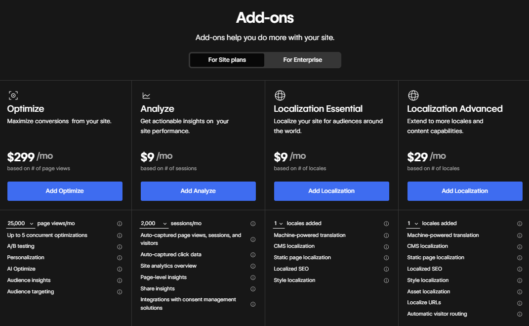 Webflow Add-Ons Pricing, Webflow Optimize, Webflow Analyze, Webflow Localization Essential, Webflow Localization Advanced