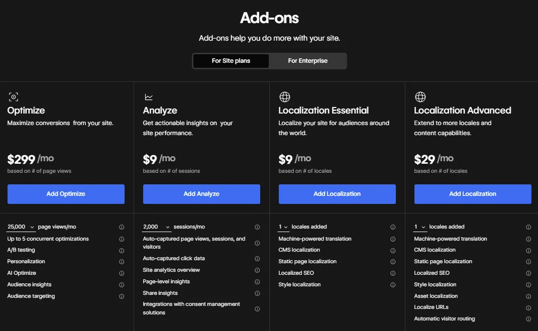 Webflow Add-Ons Pricing, Webflow Optimize, Webflow Analyze, Webflow Localization Essential, Webflow Localization Advanced