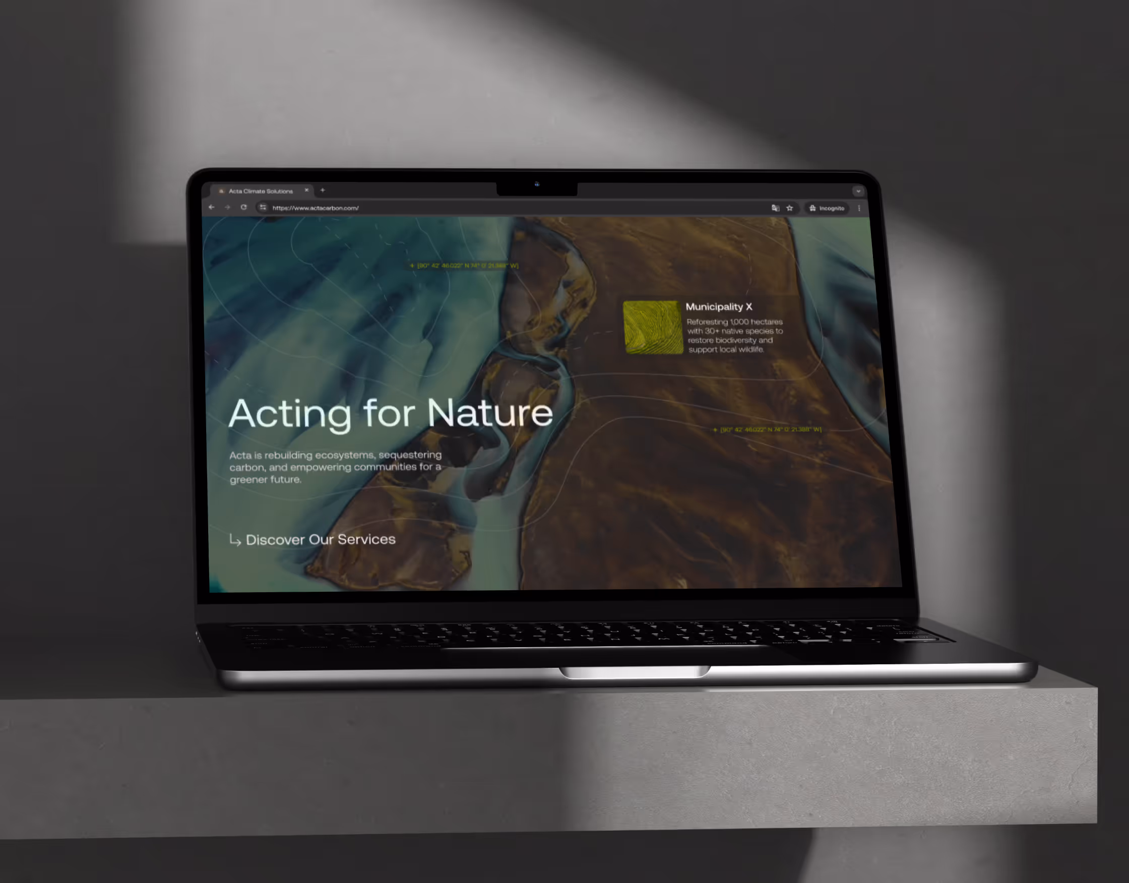Acta website homepage showcasing the header 'Sequestering Carbon' with an aerial view of lush green landscapes and a river. The text emphasizes Acta’s mission to rebuild ecosystems and sequester carbon for a greener future. There’s a call-to-action button 'Discover Our Services' and a featured project about Coppice Regeneration, focused on restoring degraded oak forests.