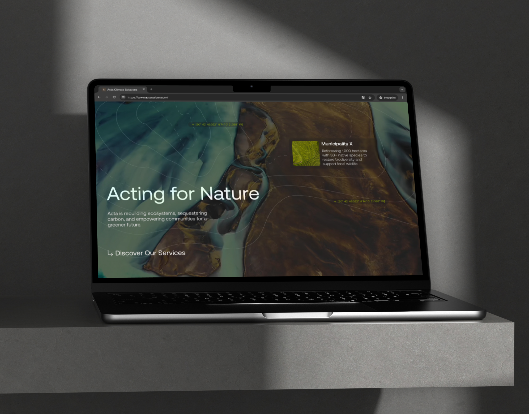 Acta website homepage showcasing the header 'Sequestering Carbon' with an aerial view of lush green landscapes and a river. The text emphasizes Acta’s mission to rebuild ecosystems and sequester carbon for a greener future. There’s a call-to-action button 'Discover Our Services' and a featured project about Coppice Regeneration, focused on restoring degraded oak forests.