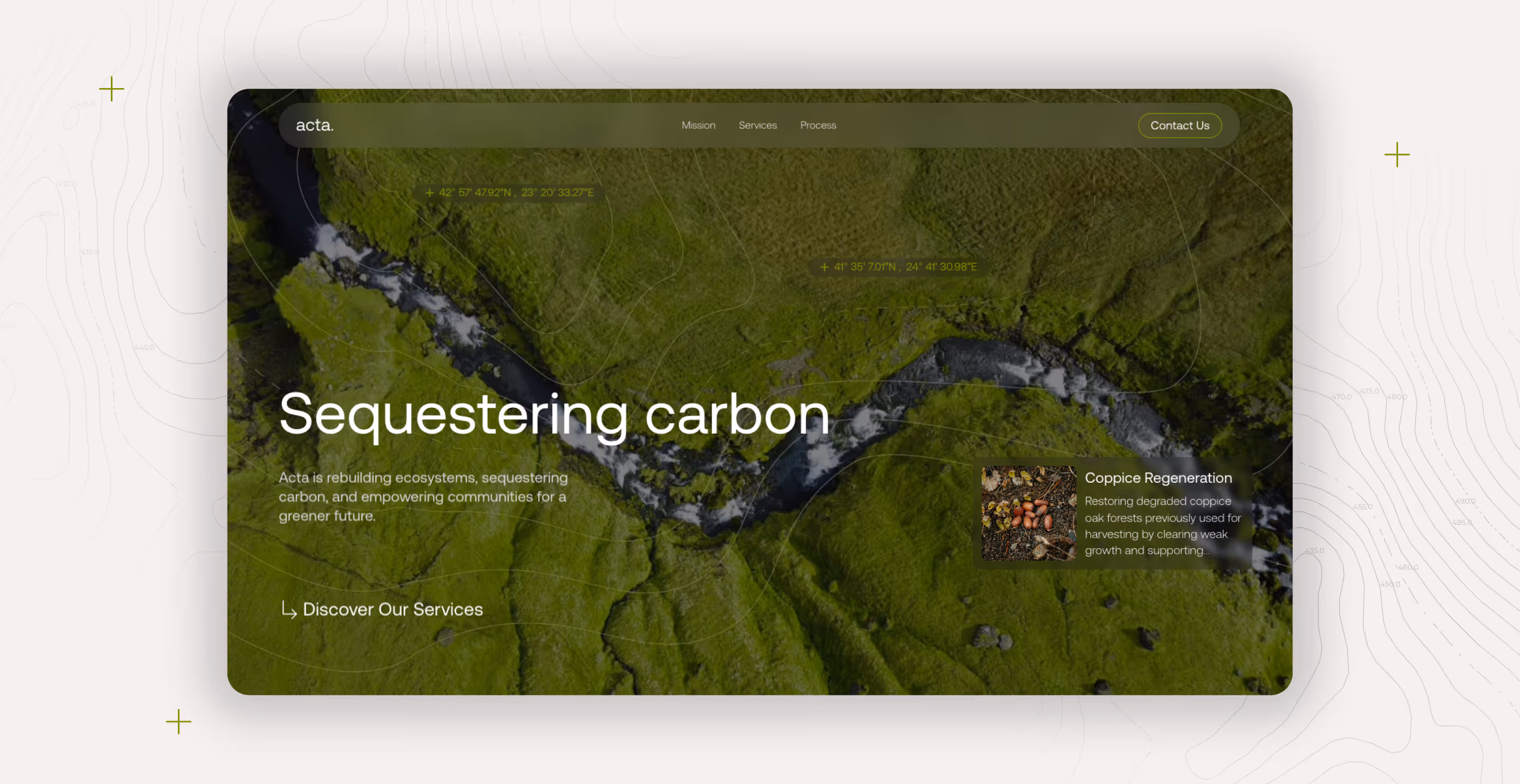 Acta website homepage showcasing the header 'Sequestering Carbon' with an aerial view of lush green landscapes and a river. The text emphasizes Acta’s mission to rebuild ecosystems and sequester carbon for a greener future. There’s a call-to-action button 'Discover Our Services' and a featured project about Coppice Regeneration, focused on restoring degraded oak forests.