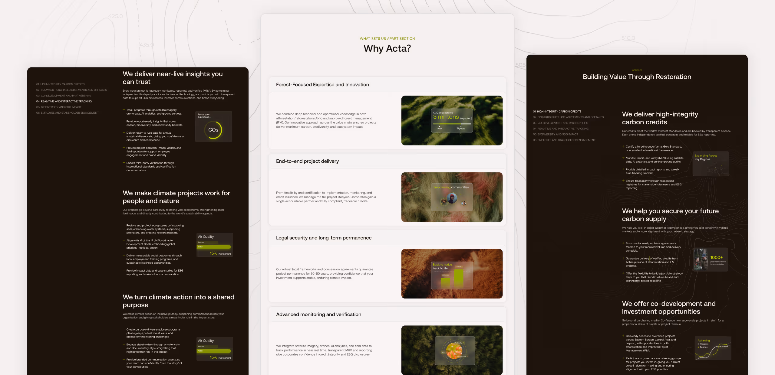 Acta website showcasing their services with sections explaining their approach to high-integrity carbon credits, climate project delivery, and co-development opportunities. The left side of the image highlights key benefits such as real-time tracking and c