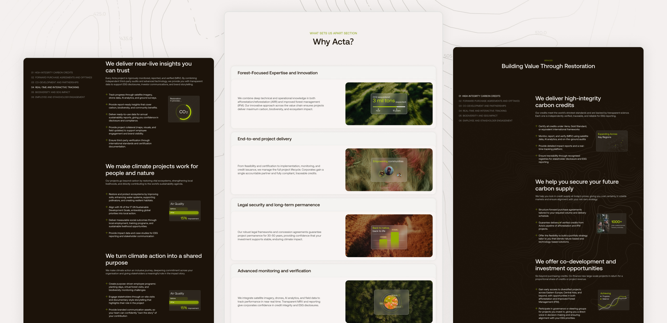 Acta website showcasing their services with sections explaining their approach to high-integrity carbon credits, climate project delivery, and co-development opportunities. The left side of the image highlights key benefits such as real-time tracking and c