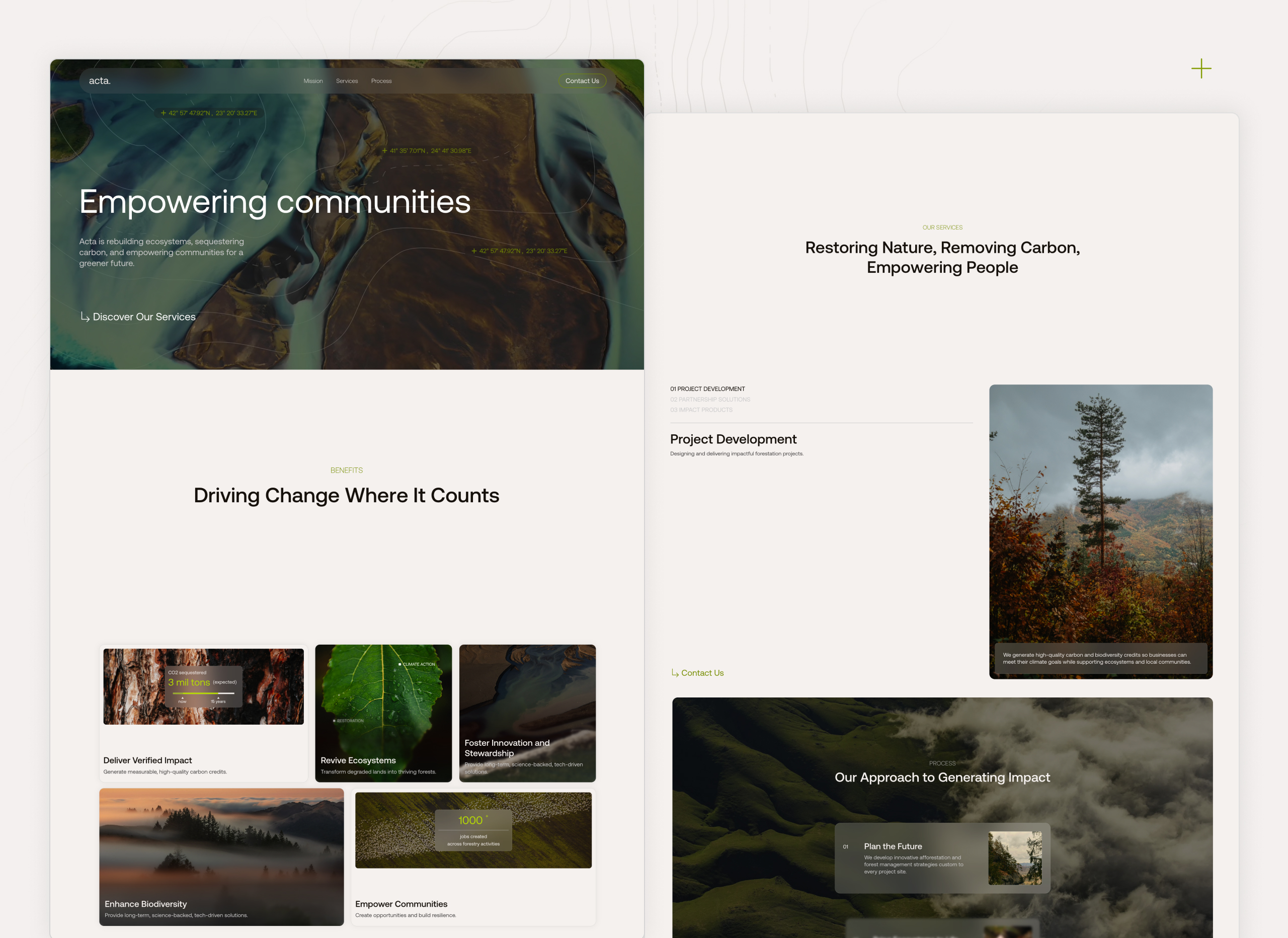 Acta website design showing the 'Empowering Communities' section with the tagline 'Acta is rebuilding ecosystems, sequestering carbon, and empowering communities for a greener future.' The page also features the 'Driving Change Where It Counts' section wit