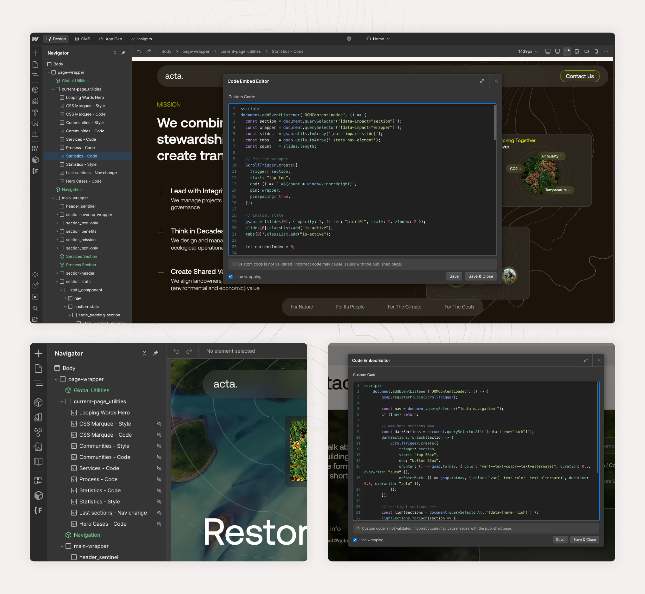 Webflow interface displaying custom code for Acta’s website. The image shows the Navigator panel with various sections like 'Hero Cases' and 'Communities' highlighted. The Code Embed Editor is open, with custom JavaScript code for page interactions like se