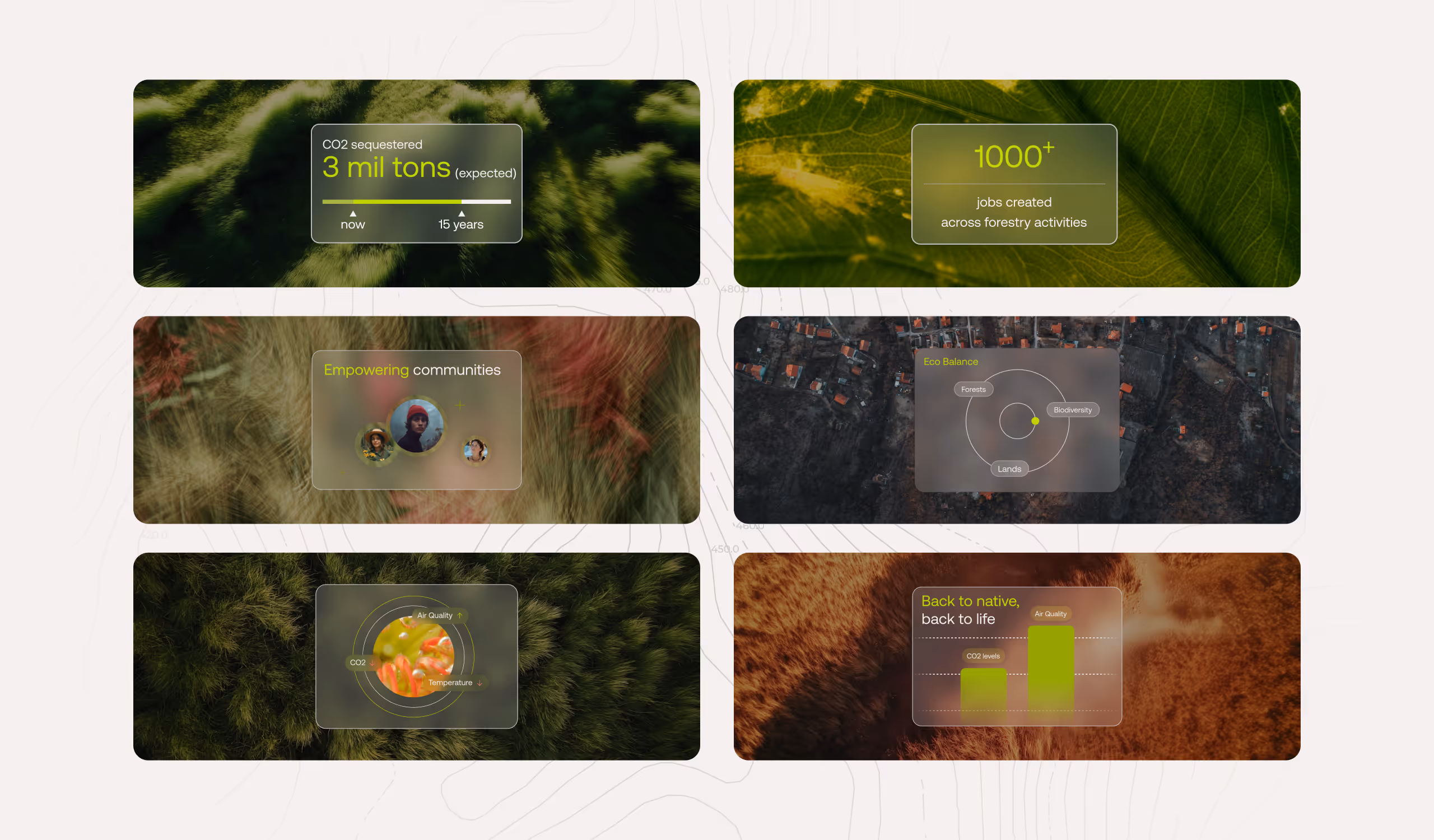 Acta website visuals showcasing their global impact with a map of key regions, job creation statistics, air quality improvement, and progress on restoration projects. The page highlights the 'Back to Native' initiative and the 15% improvement in air qualit