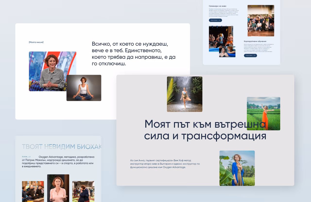 Visualization of services and offerings for corporate training, featuring images from Anna Grozdanova's website showcasing seminars and corporate training on the Wim Hof methods.