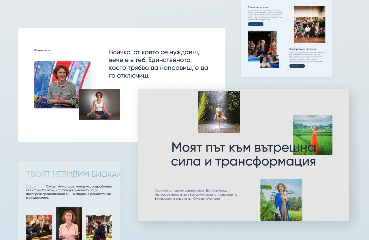 Visualization of services and offerings for corporate training, featuring images from Anna Grozdanova's website showcasing seminars and corporate training on the Wim Hof methods.