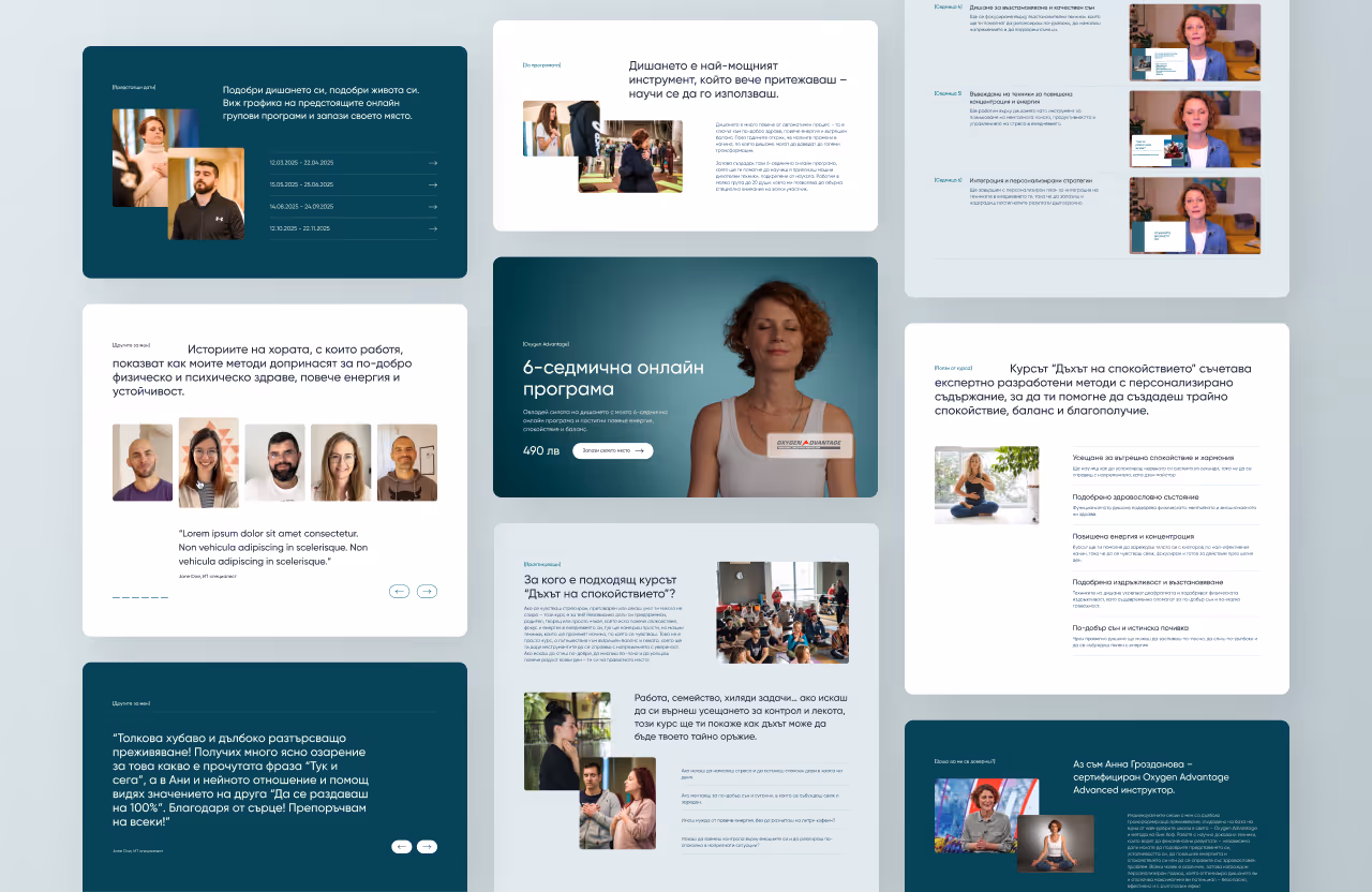 Website design for Anna Grozdanova showcasing the Wim Hof Method and Oxygen Advantage courses. Includes sections for online programs, client testimonials, and course details for personal and corporate training.