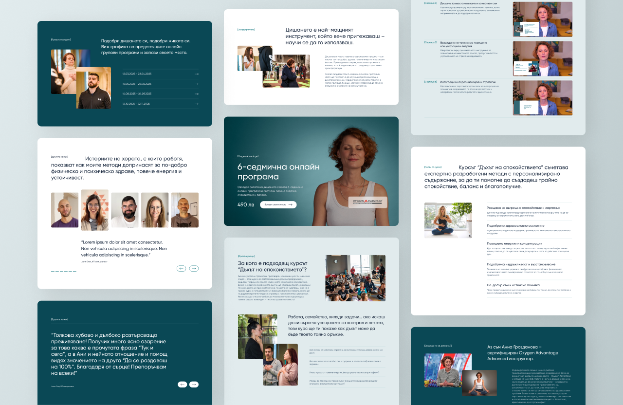Website design for Anna Grozdanova showcasing the Wim Hof Method and Oxygen Advantage courses. Includes sections for online programs, client testimonials, and course details for personal and corporate training.