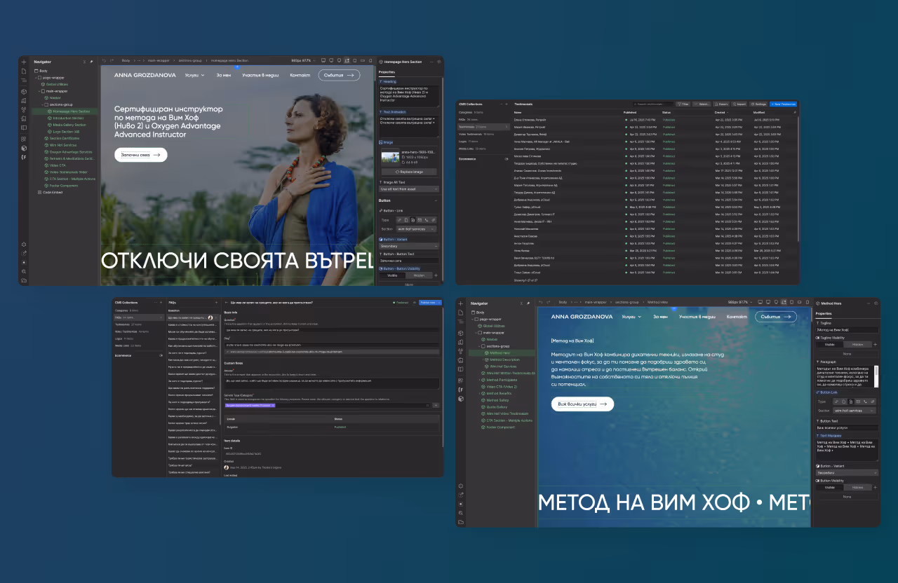 Screenshot showing Anna Grozdanova's website in the Webflow editor, with the header section being edited. The image also displays the CMS panel with various content entries and properties, as well as the site's design preview with 'Unlock Your Inner Power'