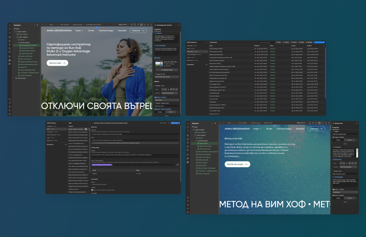 Screenshot showing Anna Grozdanova's website in the Webflow editor, with the header section being edited. The image also displays the CMS panel with various content entries and properties, as well as the site's design preview with 'Unlock Your Inner Power'