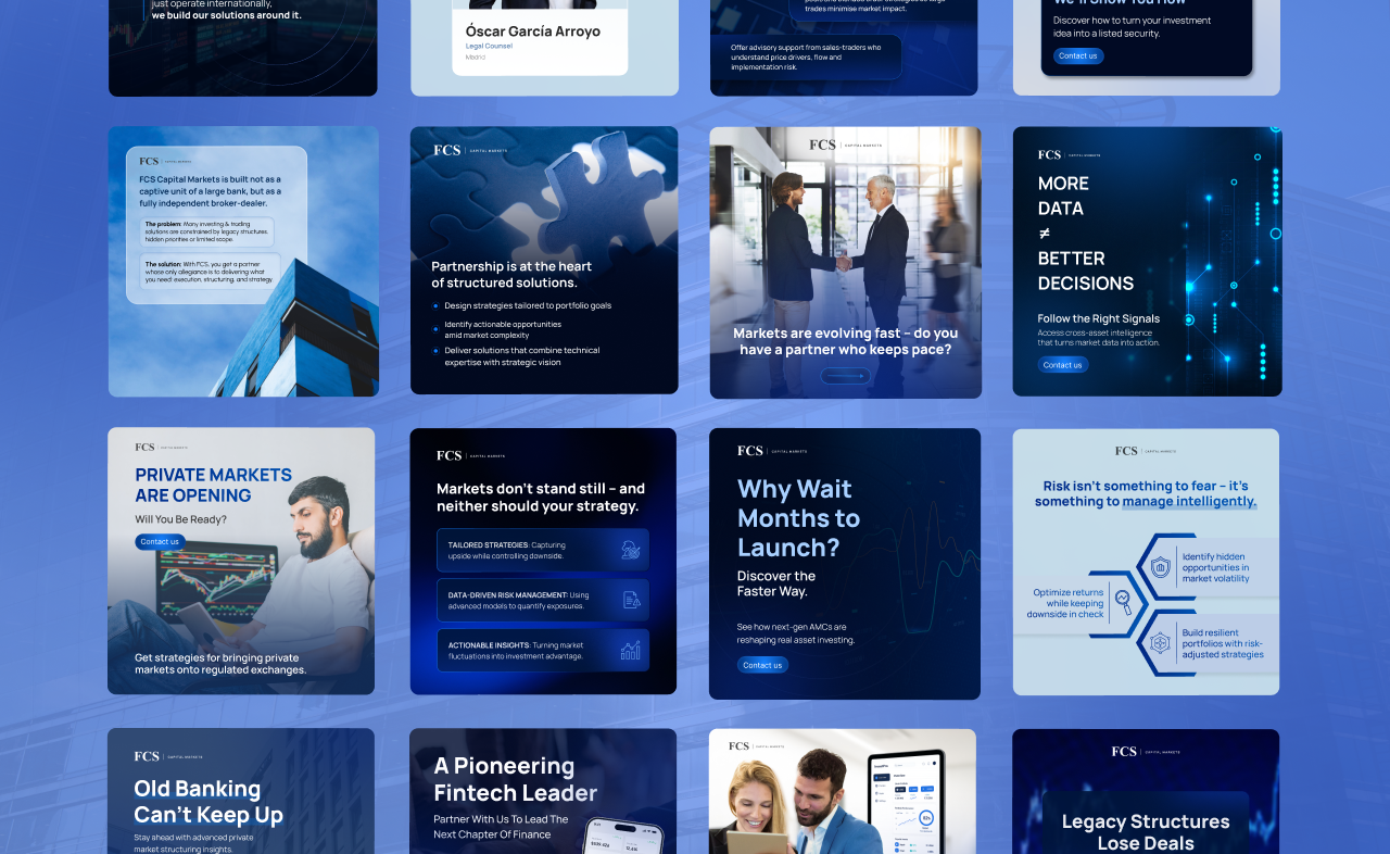 A collection of promotional banners from FCS Capital Markets showcasing various financial solutions, strategies, and services. The banners include messages such as "Private Markets are Opening," "Risk isn’t something to fear – it’s something to manage inte