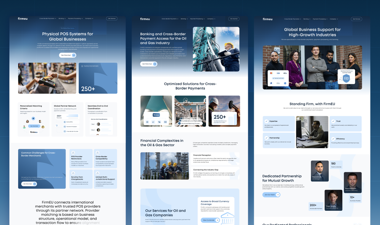 Firmeu industry pages highlighting POS systems, oil and gas payment solutions, and global business support for high-growth industries.