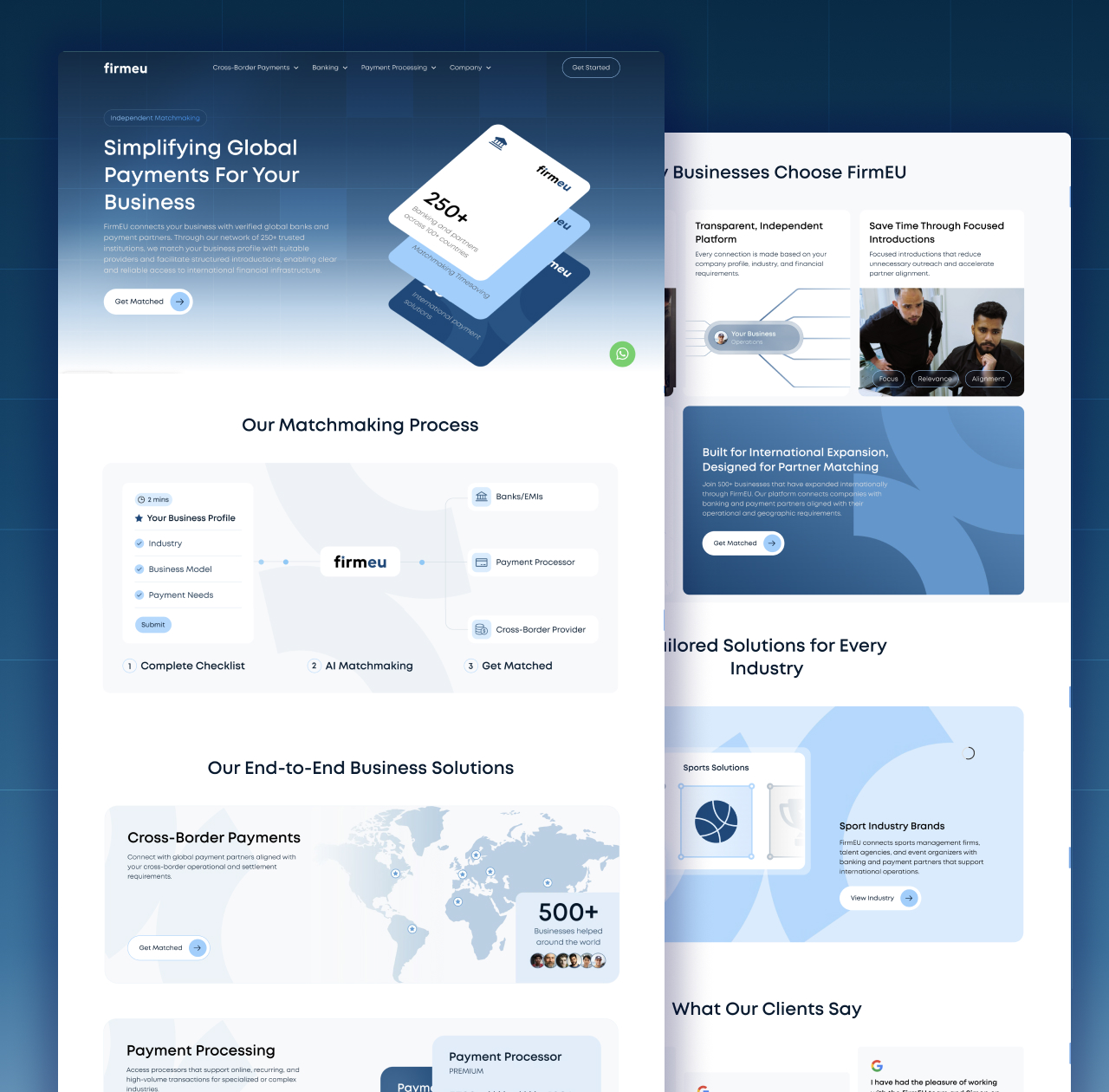 Firmeu website homepage design showcasing global payments services, matchmaking process, cross-border solutions, and industry-focused sections.