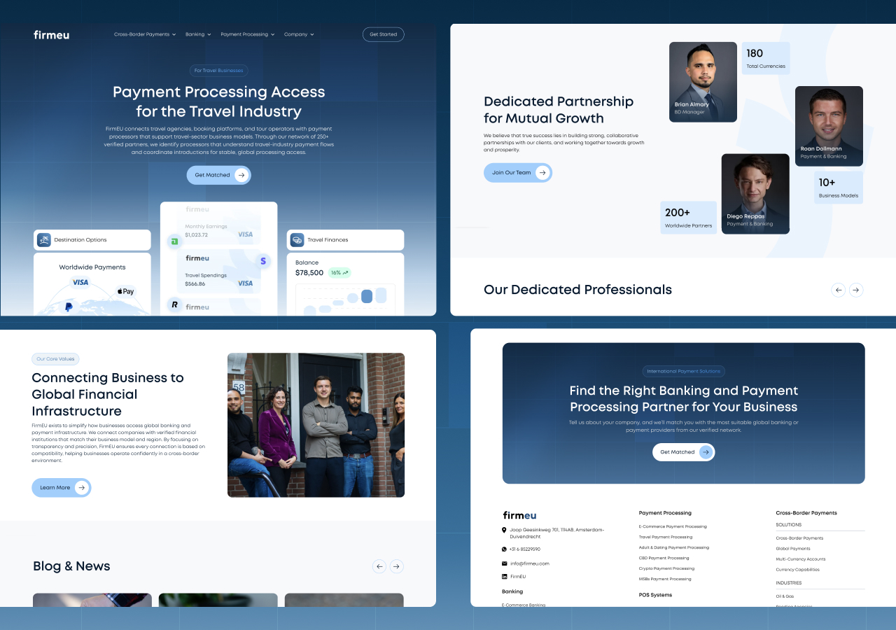 Firmeu internal pages featuring travel industry payment processing, partnership team section, company overview, and call-to-action footer.