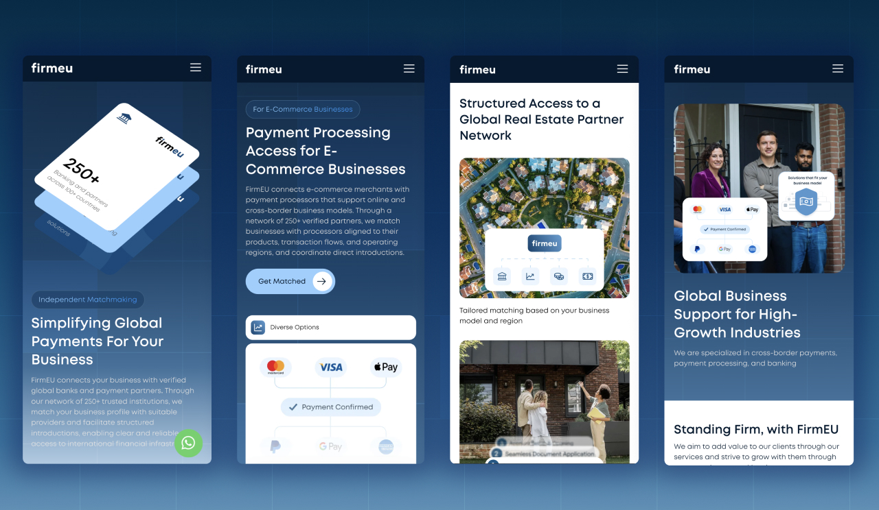 Mobile versions of the Firmeu website displaying payment processing, real estate partner network, and global business support pages.