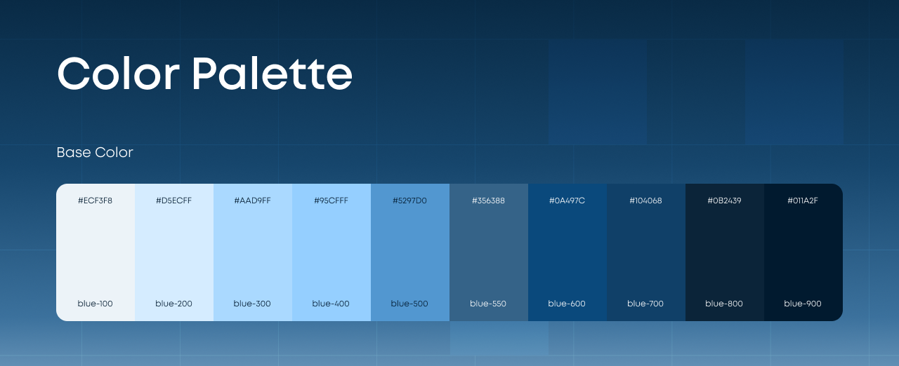 Color palette slide showing Firmeu base blue color scale from light blue-100 to dark blue-900 with corresponding hex codes.