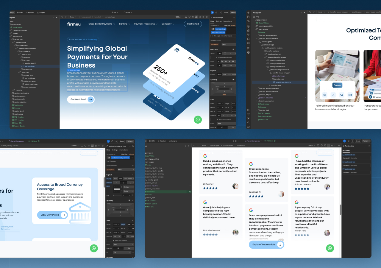 Webflow Designer interface showing Firmeu homepage layout, styling panels, testimonials section, and CMS content management.