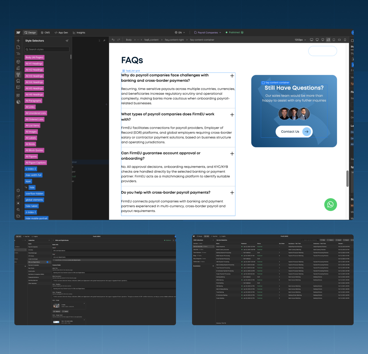 Webflow Designer view of Firmeu FAQ page with accordion layout and sidebar contact card, alongside global style settings panel.