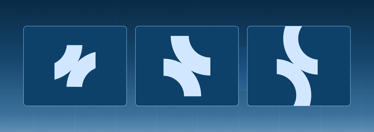 Abstract brand mark variations displayed in three cropped compositions on a dark blue background.