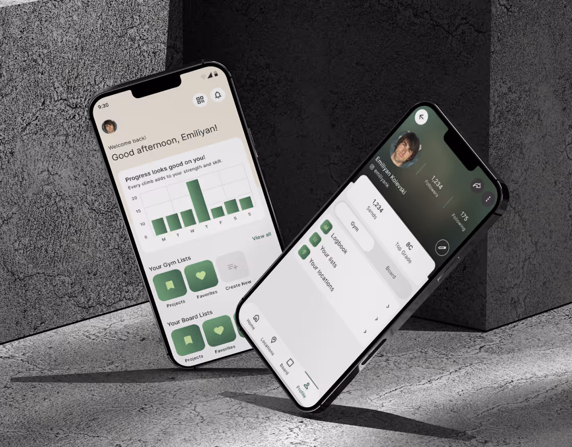 Two smartphones displaying a fitness tracking app interface with progress charts, gym lists, user profile screen, and activity overview on a concrete background.