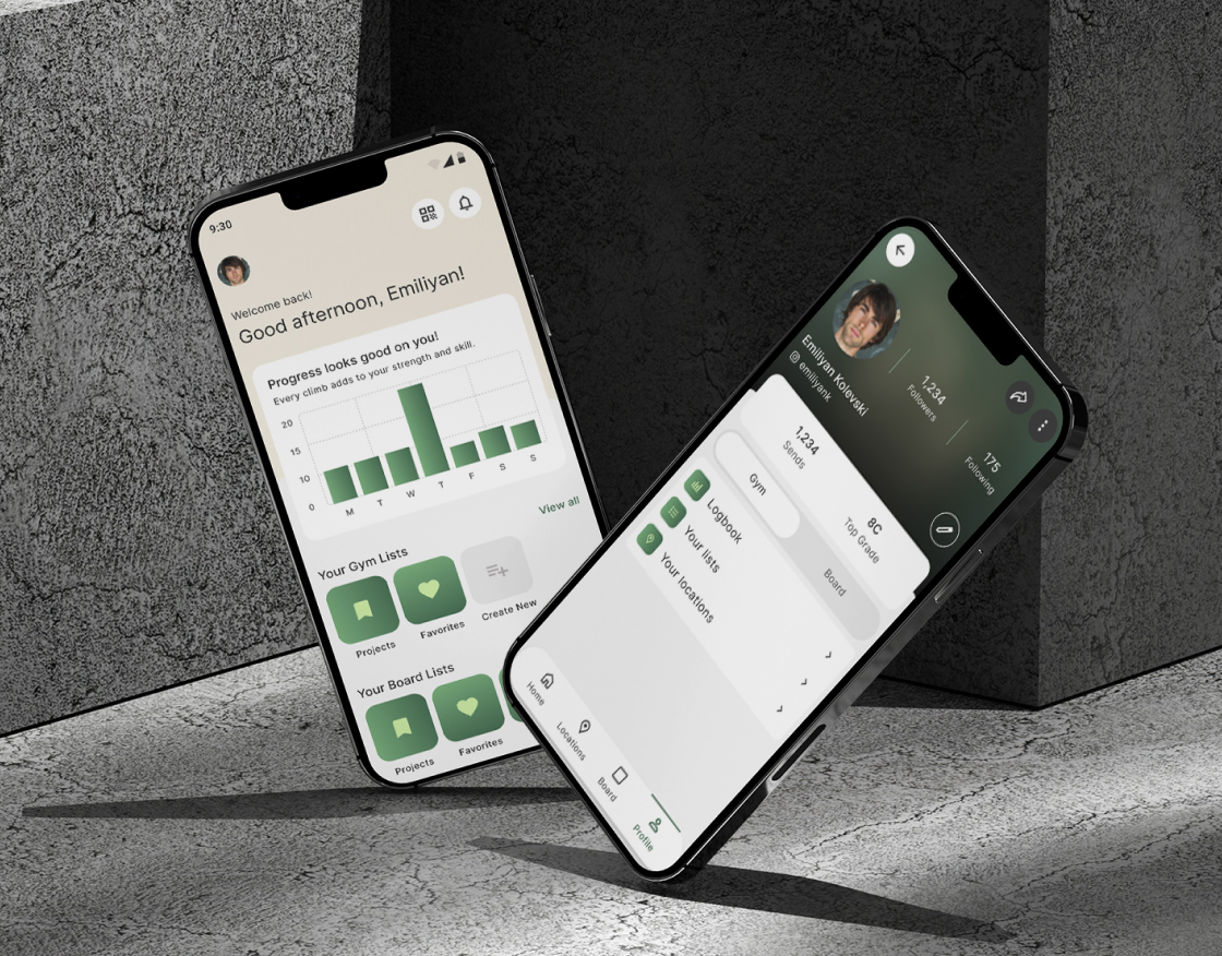 Two smartphones displaying a fitness tracking app interface with progress charts, gym lists, user profile screen, and activity overview on a concrete background.