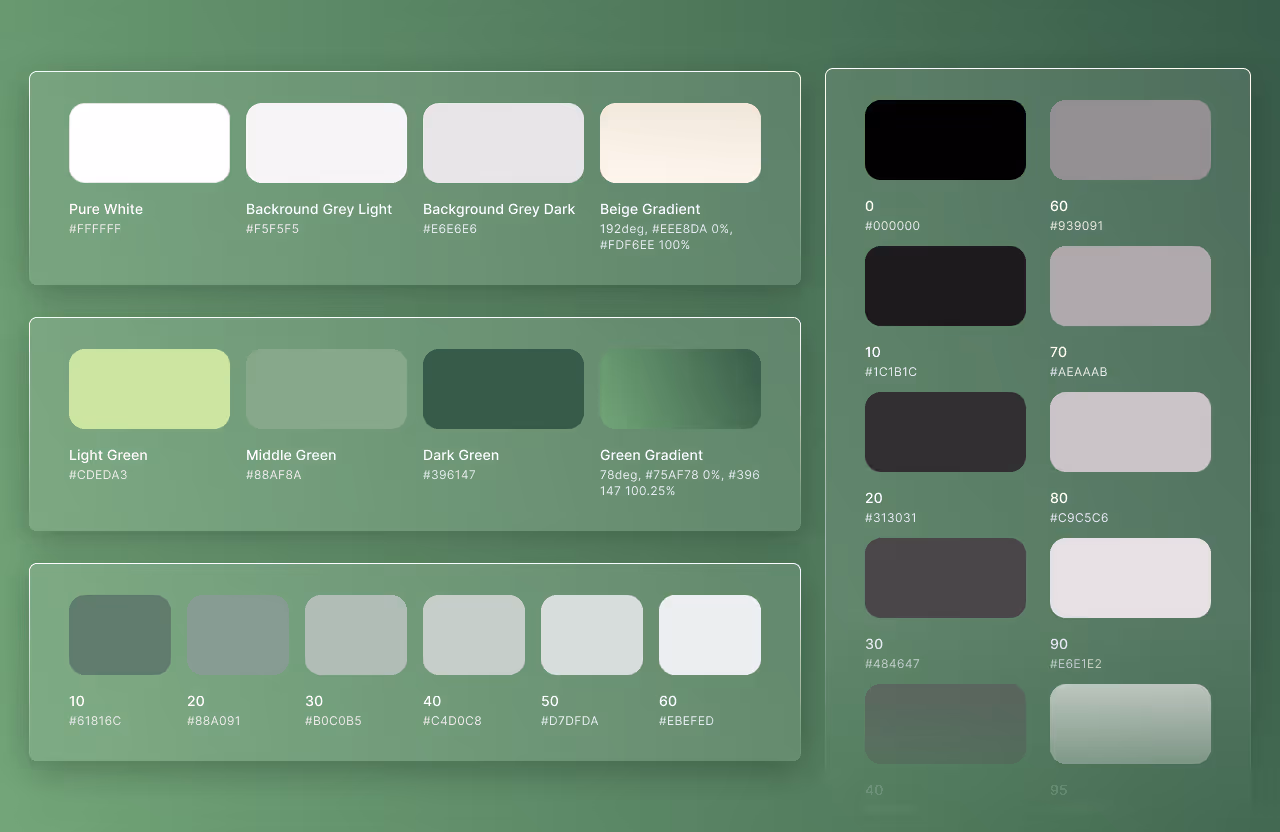 Green-based color system showing primary greens, neutral greys, gradients, and full shade scale with hex codes for the climbing app brand.